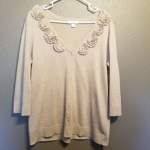 Christopher Banks L Cardigan Sweater Button 3D Floral Trim 100% Cotton Preppy